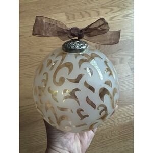 Large Glass Ball Christmas Ornament 6-inch Diameter Frosted Swirl & Metal Topper